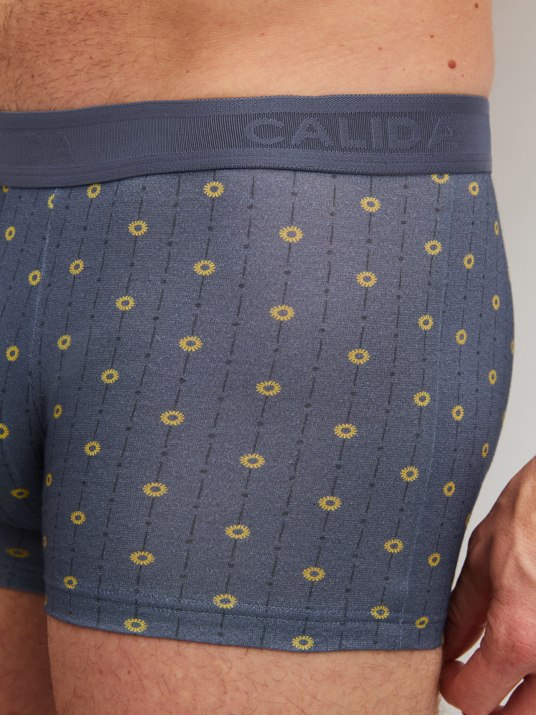 Herren-Model trägt Boxer Brief mit Softgummibund aus Baumwolle in Grau, Gemustert aus Serie EDITION 85 von CALIDA, Detail