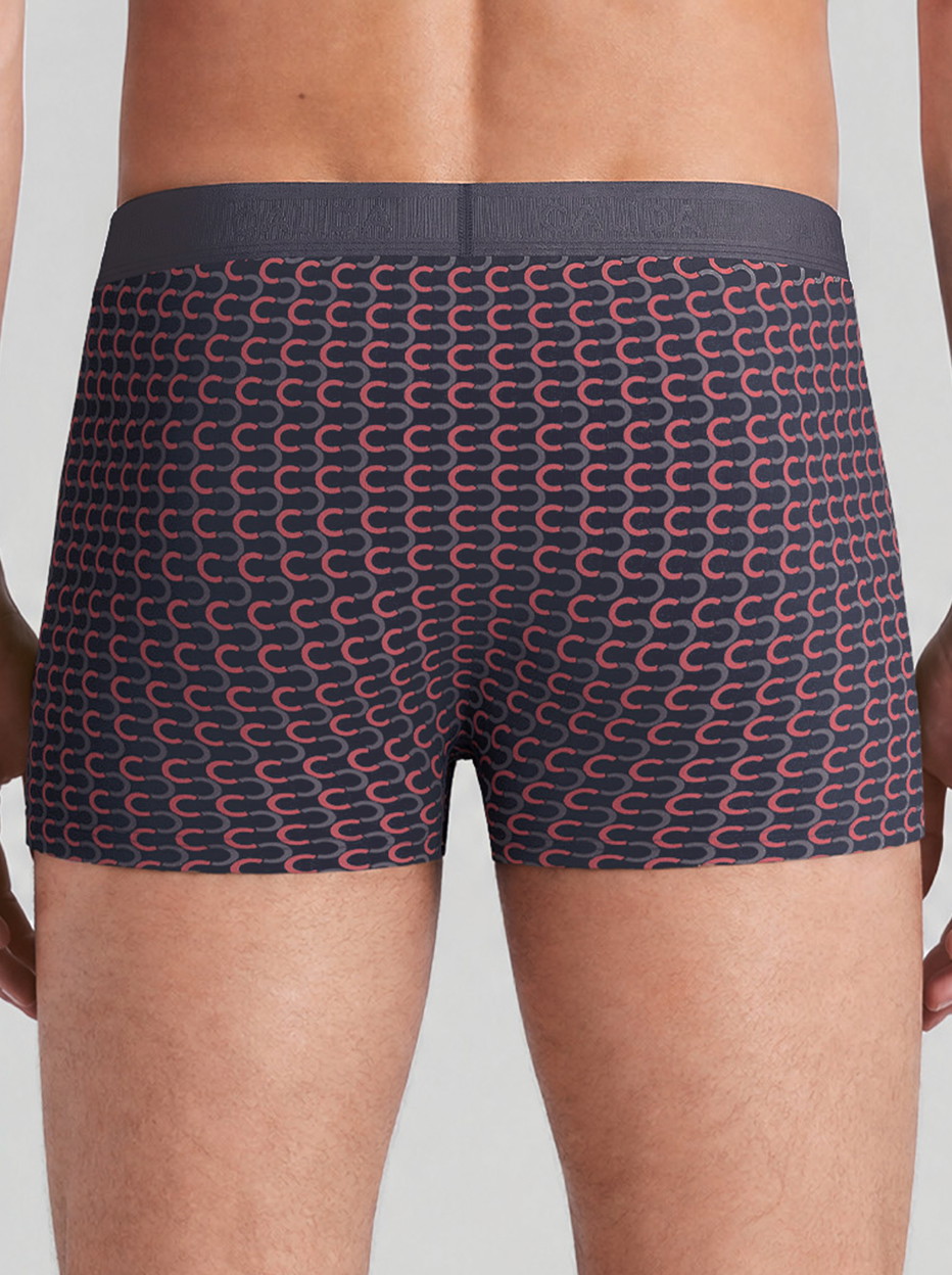 Herren-Model trägt Boxer Brief mit Softgummibund aus Pima® Baumwolle in Grau, Gemustert aus Serie Grafic Cotton von CALIDA, Rückansicht, KI-generiertes Bild