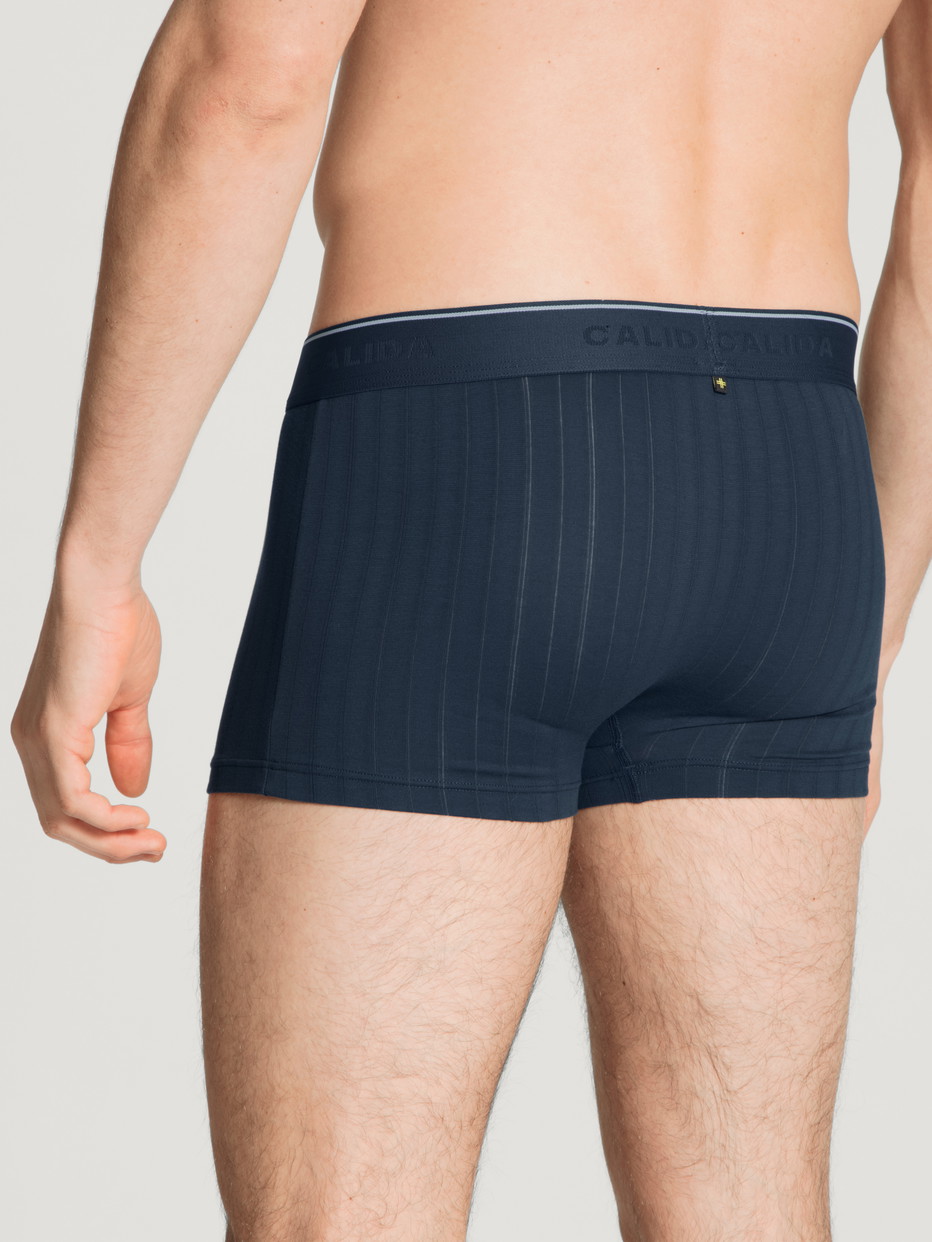 Herren-Model trägt Boxer Brief, 3er-Pack aus Baumwolle in Blau, Einfarbig aus Serie Pure & Style von CALIDA, Rückansicht