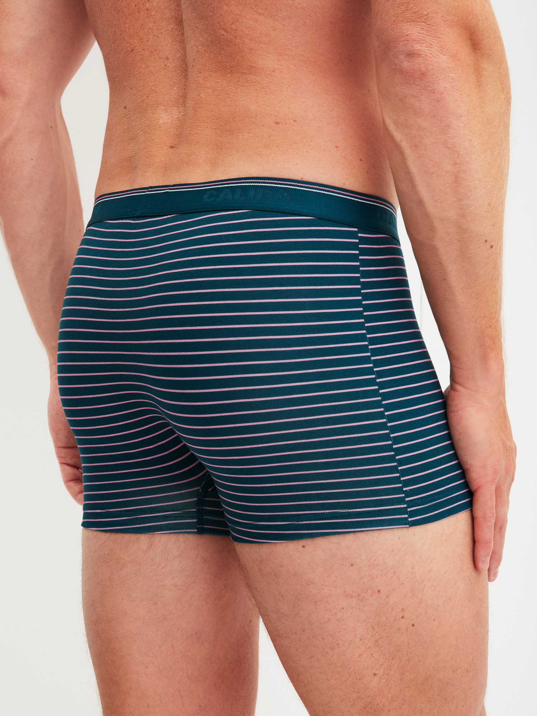 Men model is wearing Boxer Briefs, 3-Pack made of Cotton in Blue, Striped from the Natural Benefit series by CALIDA, Back view