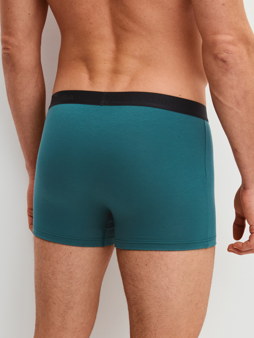 Herren-Model trägt Boxer Brief, 3er-Pack aus Baumwolle in Türkis, Gestreift aus Serie Natural Benefit von CALIDA, Rückansicht