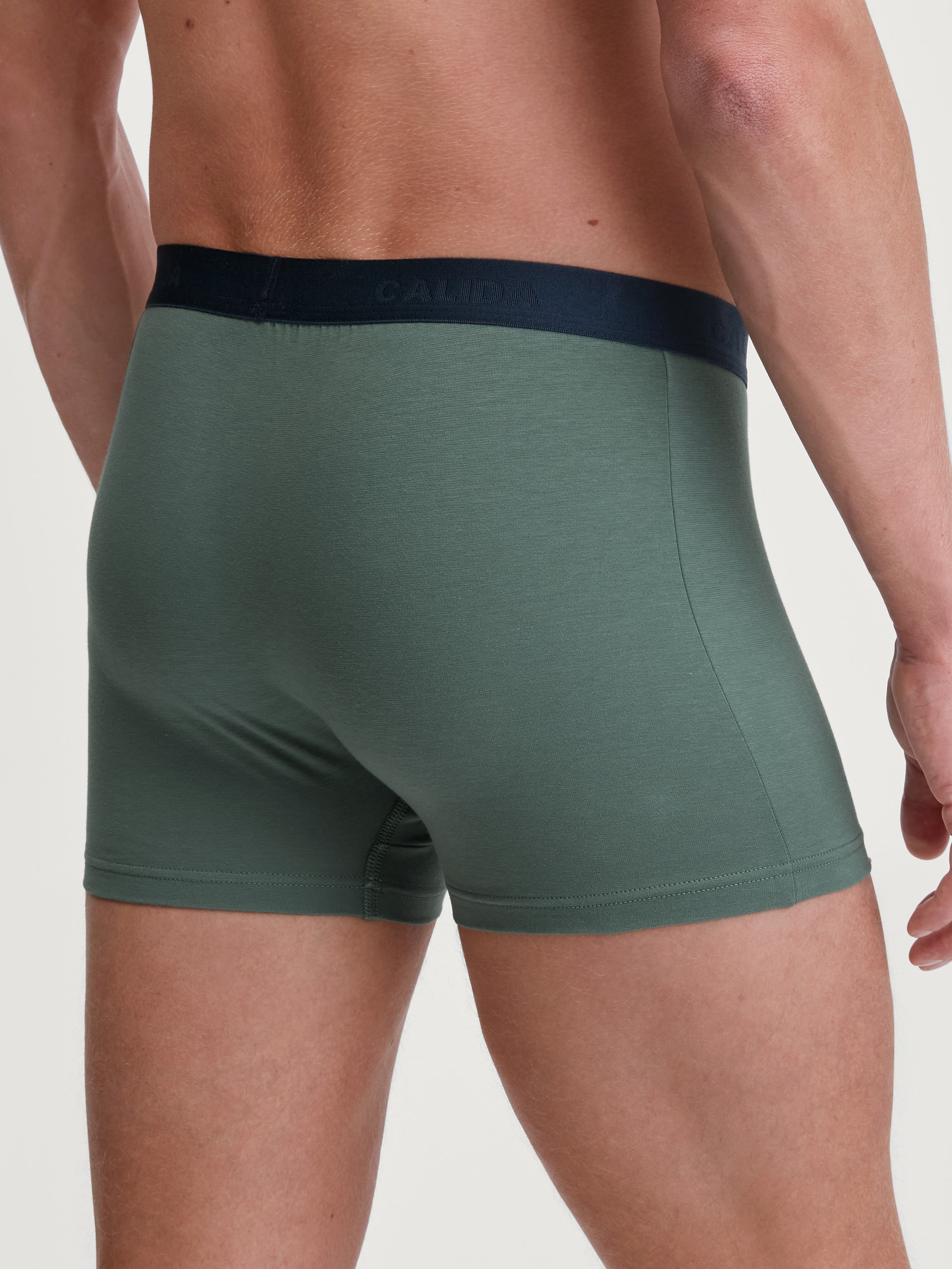 Herren-Model trägt Boxer Brief, 3er-Pack aus Baumwolle in Grün, Einfarbig aus Serie Natural Benefit von CALIDA, Rückansicht
