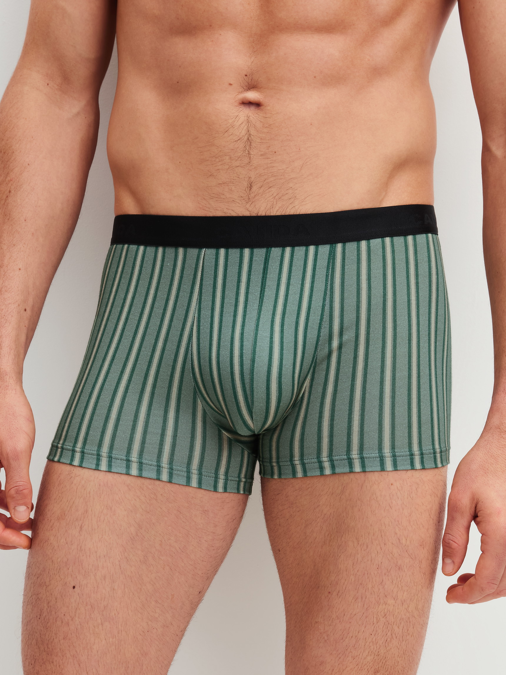 La modella / Il modello Uomo indossa Boxer, set da 3 in Cotone di colore Verde, A righe, della serie Natural Benefit di CALIDA, Vista frontale