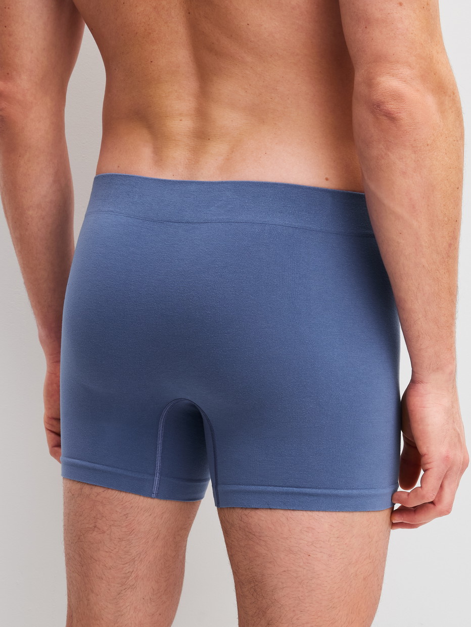 Le mannequin Homme porte le/la boxer brief avec jambe longue en Modal de couleur Bleu, Unicolore, de la série Seamless Natural de CALIDA, Vue arrière