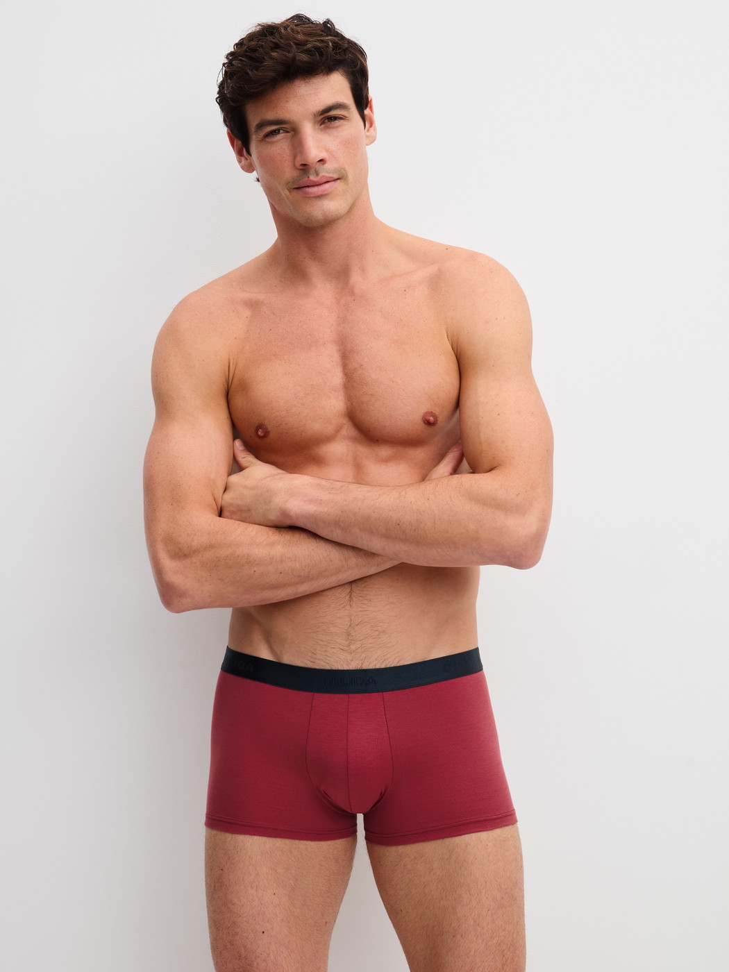 Men model is wearing Boxer Briefs, 3-Pack made of 100% Cotton in Blue, Unicoloured from the Cotton Special series by CALIDA, Outfit