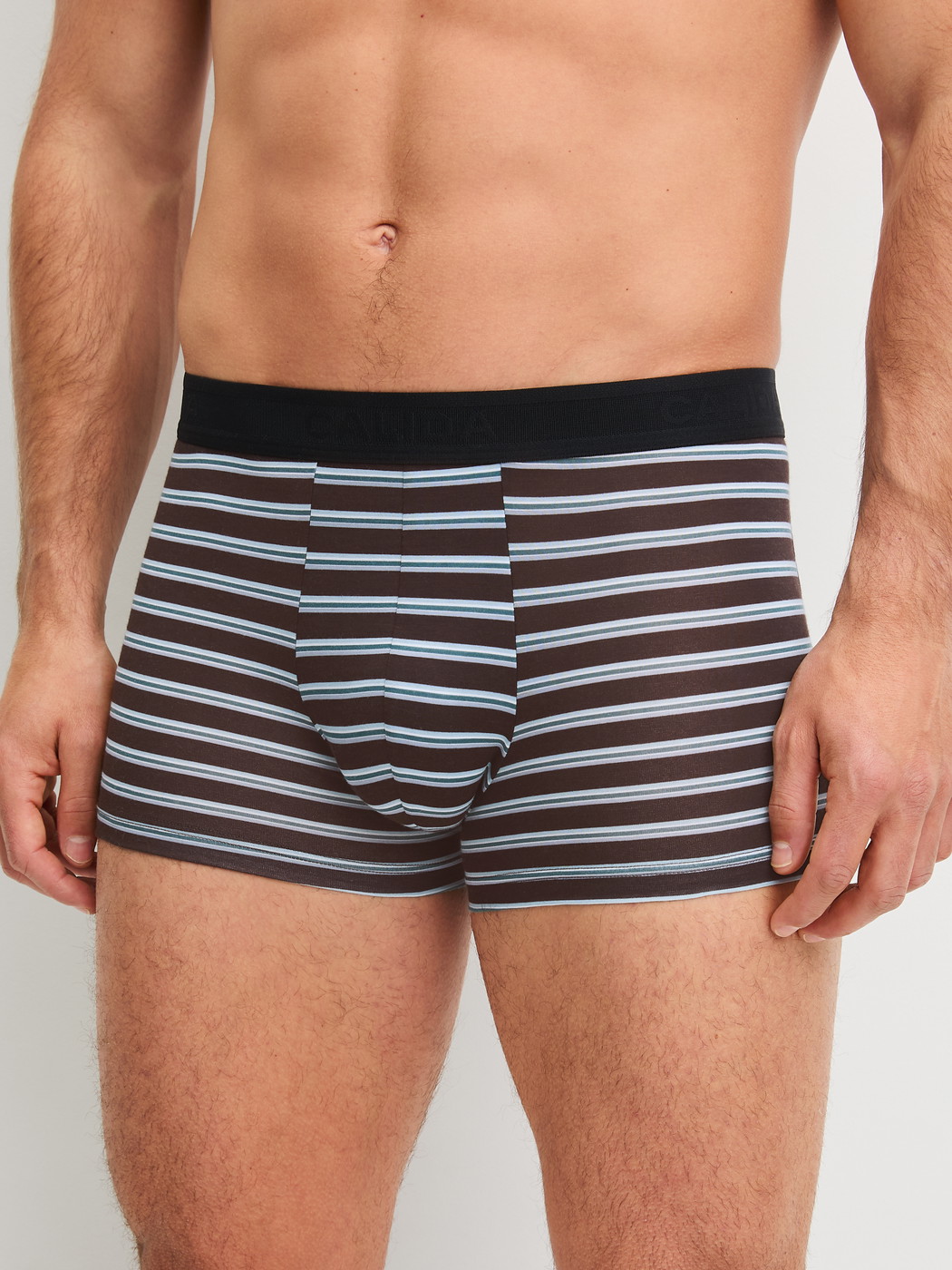 Men model is wearing Boxer brief made of Lyocell in Brown, Striped from the Focus Trend series by CALIDA, Front view