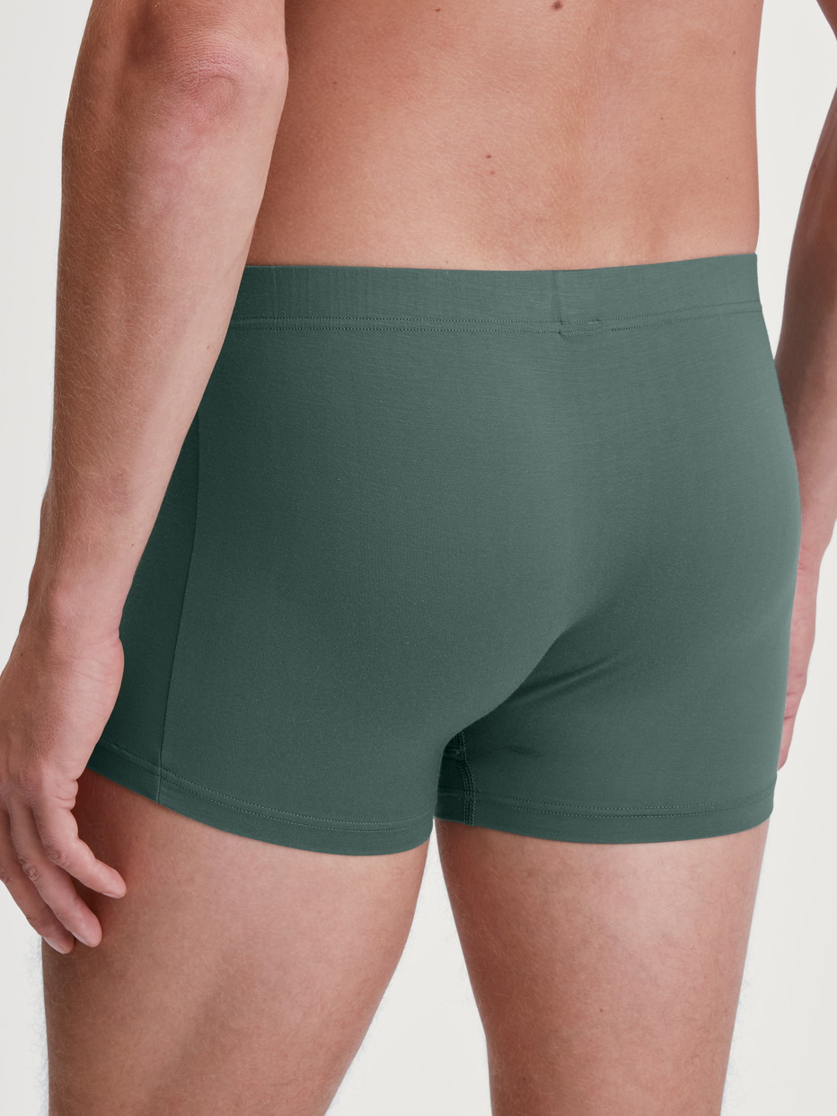 Herren-Model trägt Boxer Brief aus Modal in Grün, Einfarbig aus Serie Balanced Day von CALIDA, Rückansicht