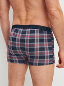 Herren-Model trägt Boxer Brief mit Softgummibund aus Baumwolle in Rot, Gemustert aus Serie Family & Friends von CALIDA, Rückansicht
