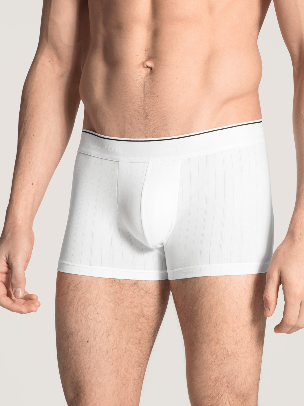 Herren-Model trägt Boxer Brief mit Elastikbund aus Baumwolle in Weiß, Motiv aus Serie Pure & Style von CALIDA, Vorderansicht