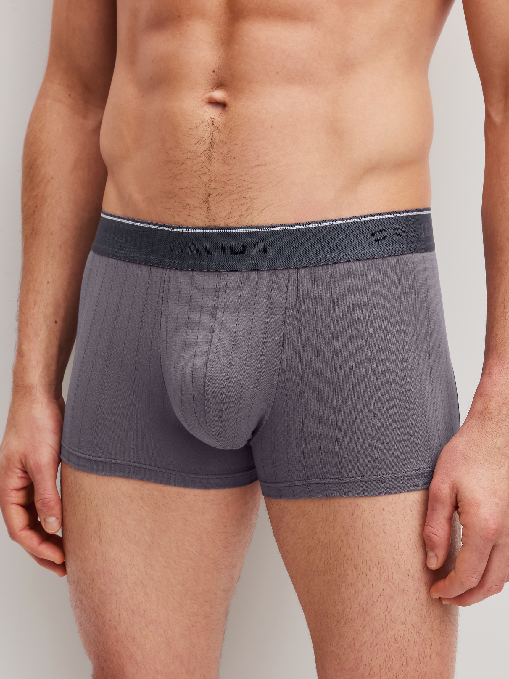 Le mannequin Homme porte le/la Boxer brief, ceinture élastique en Coton de couleur Gris, Unicolore, de la série Pure & Style de CALIDA, Vue de face