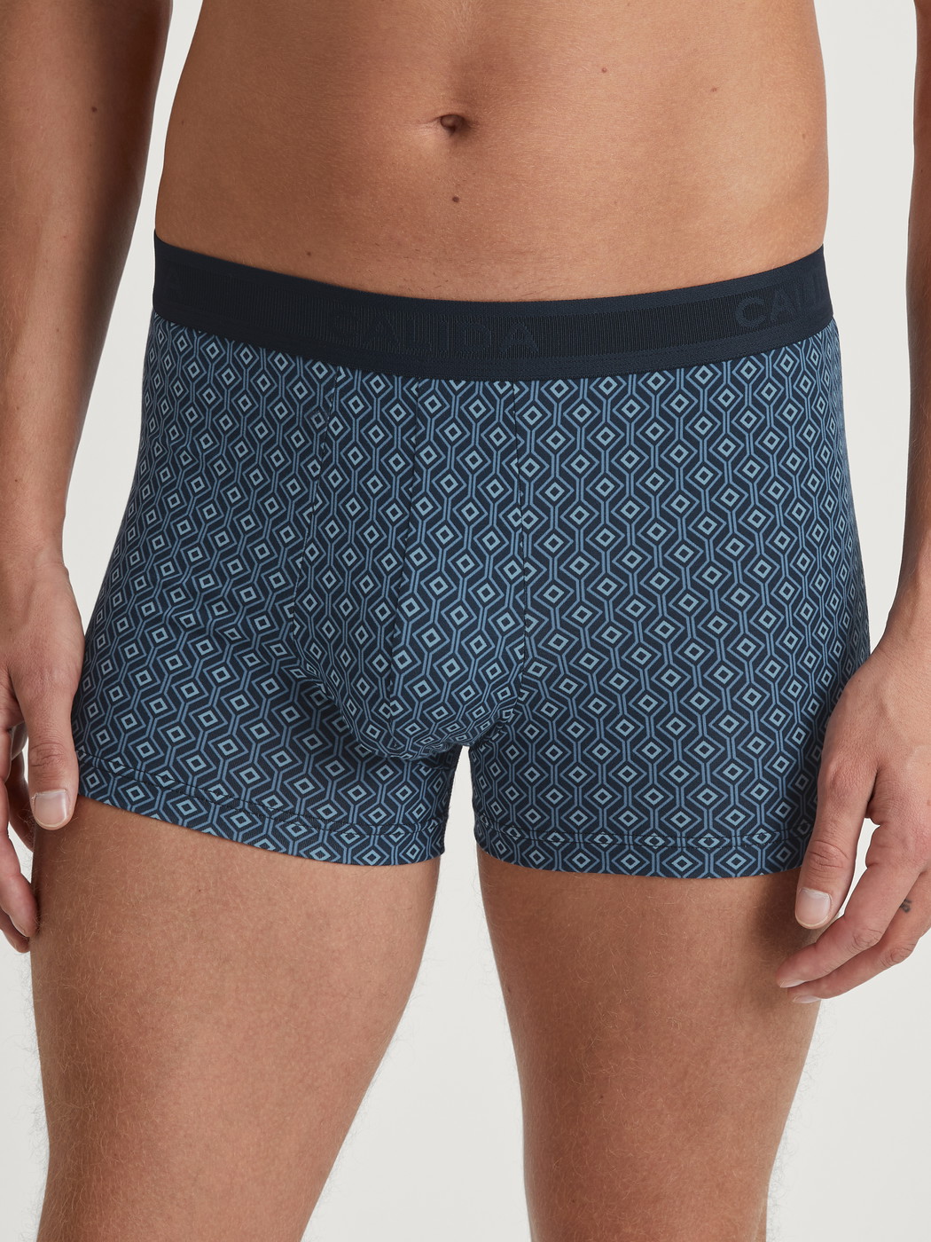 La modella / Il modello Uomo indossa Boxer brief in Cotone di colore Blu, Motivo, della serie Grafic Cotton di CALIDA, Vista frontale