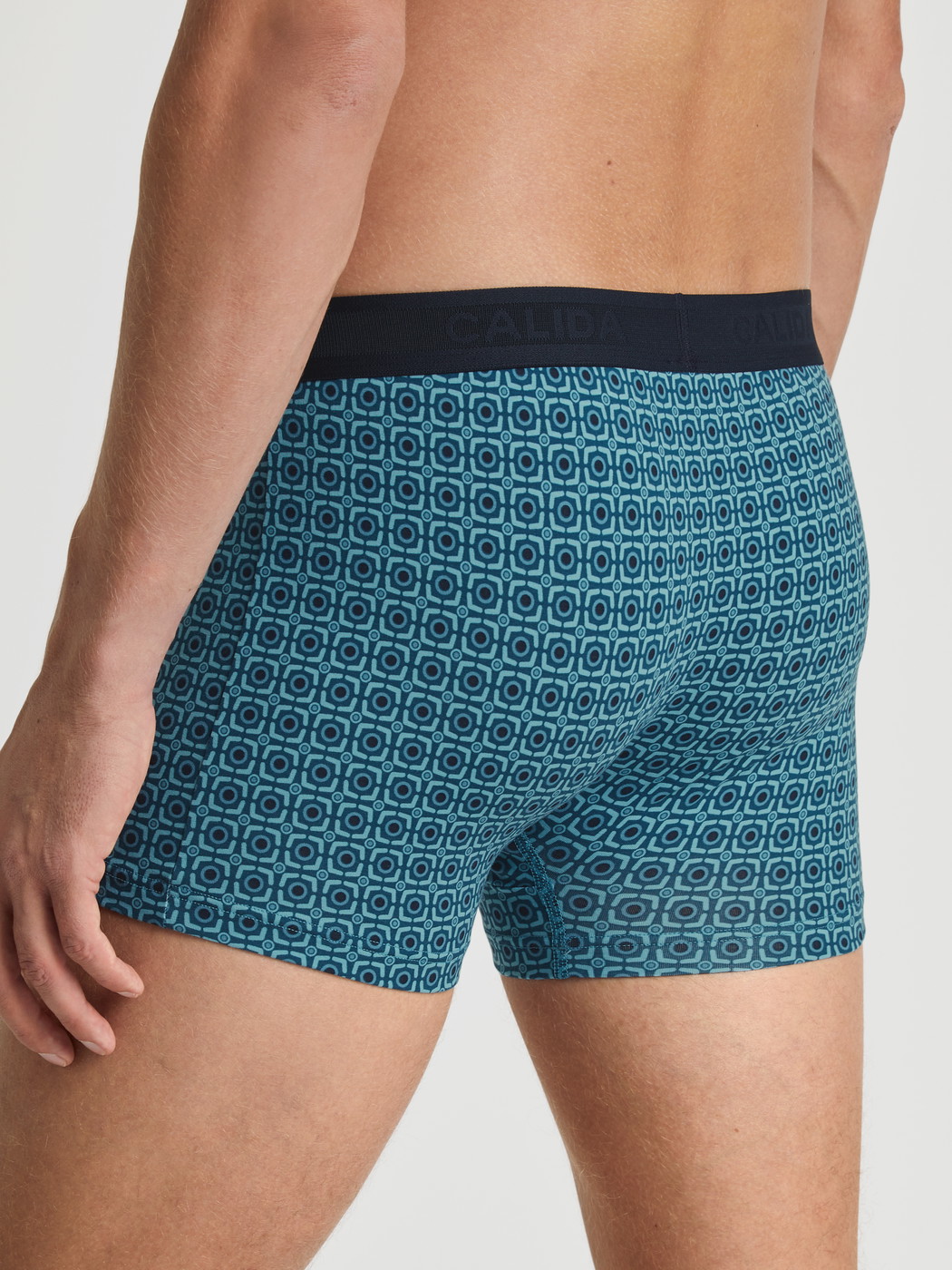 La modella / Il modello Uomo indossa Boxer brief in Cotone di colore Turchese, Motivo, della serie Grafic Cotton di CALIDA, Vista posteriore