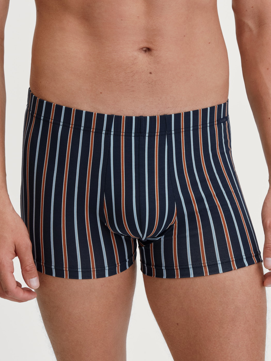 Men model is wearing Boxer brief made of Cotton in Orange, Striped from the Grafic Cotton series by CALIDA, Front view
