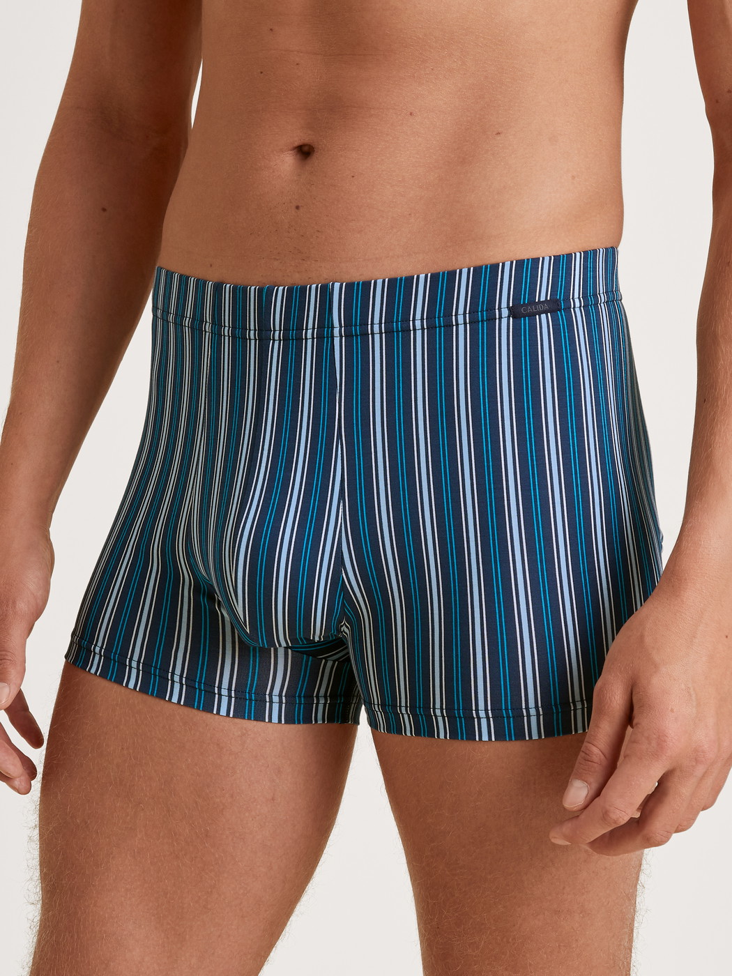 Herren-Model trägt Boxer Brief aus Baumwolle in Blau, Gestreift aus Serie Grafic Cotton von CALIDA, Vorderansicht