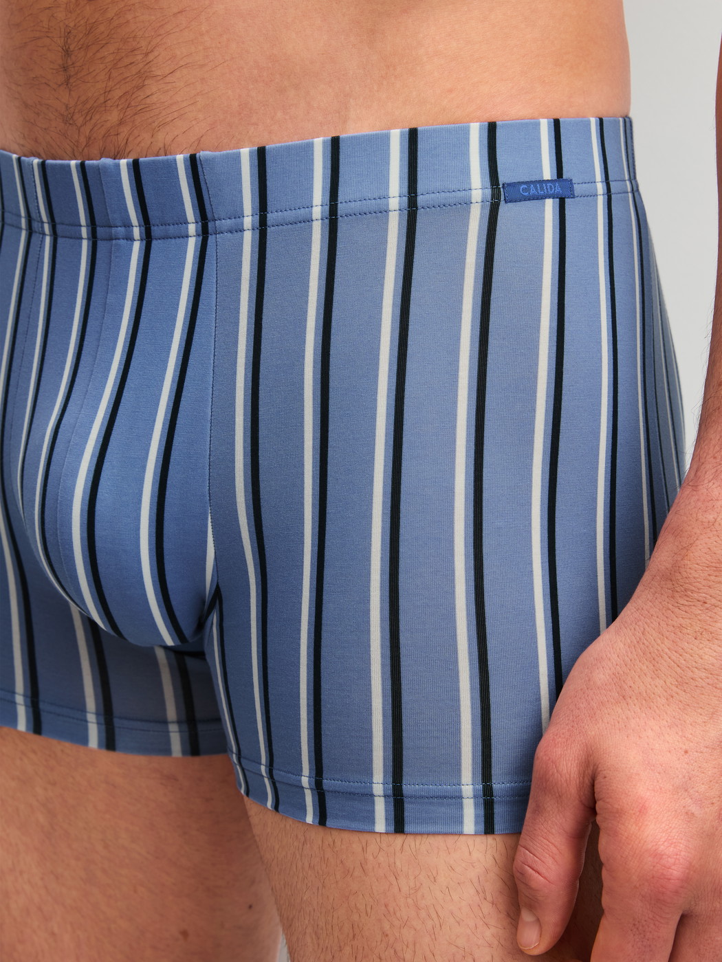 Herren-Model trägt Boxer Brief aus Pima® Baumwolle in Blau, Gestreift aus Serie Grafic Cotton von CALIDA, Vorderansicht
