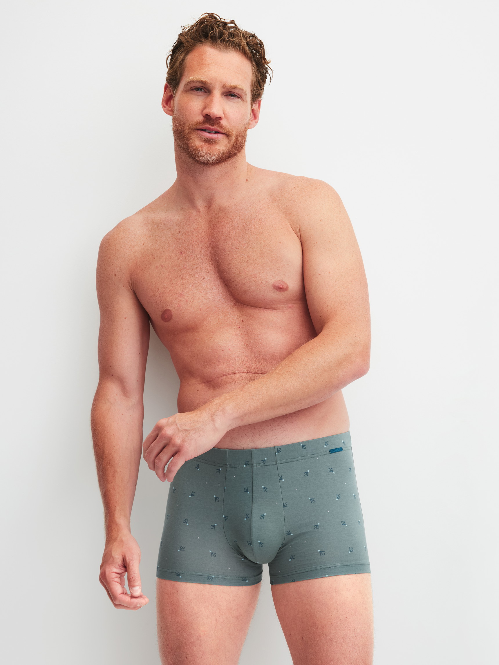 Herren-Model trägt Boxer Brief aus Baumwolle in Grün, Gemustert aus Serie Grafic Cotton von CALIDA, Outfit