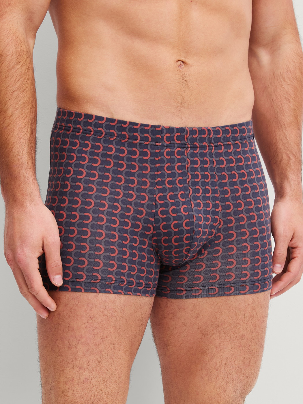 Men model is wearing Boxer brief made of Pima® Cotton in Grey, Patterned from the Grafic Cotton series by CALIDA, Front view
