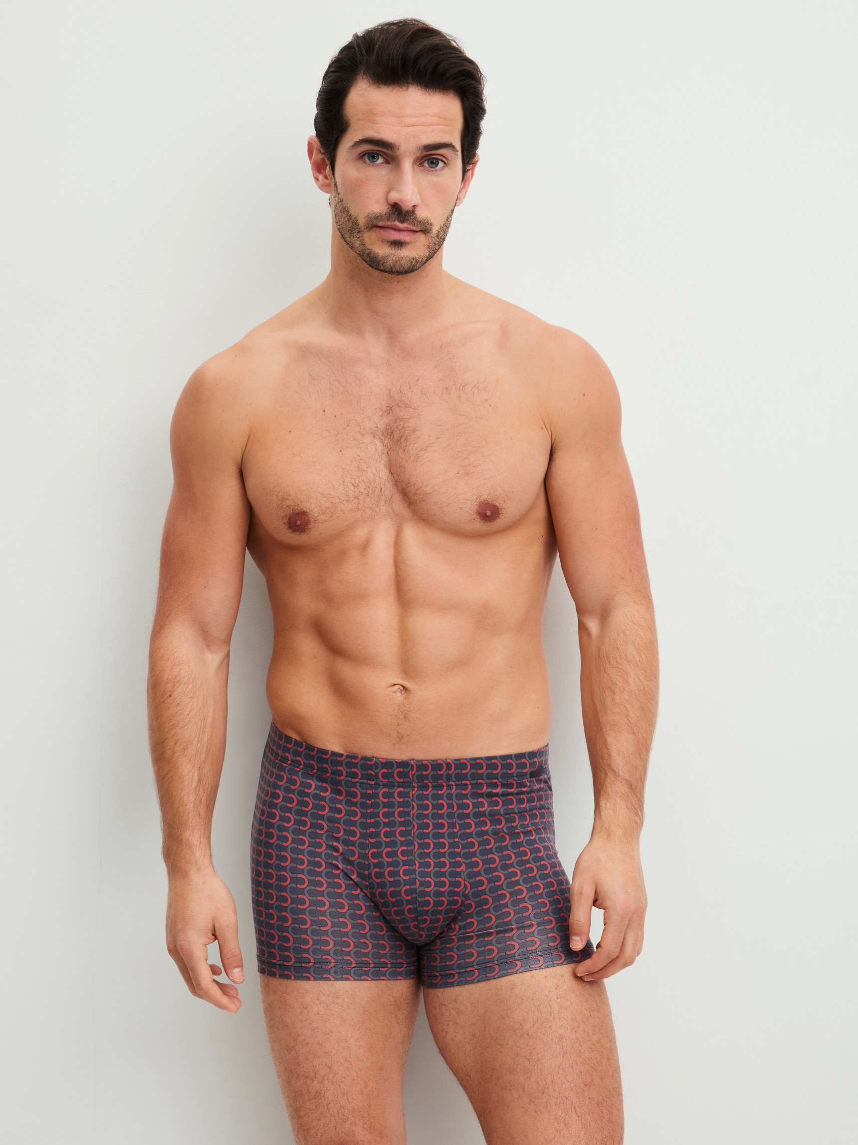 La modella / Il modello Uomo indossa Boxer brief in Pima® Cotone di colore Grigio, Modello, della serie Grafic Cotton di CALIDA, Abbigliamento