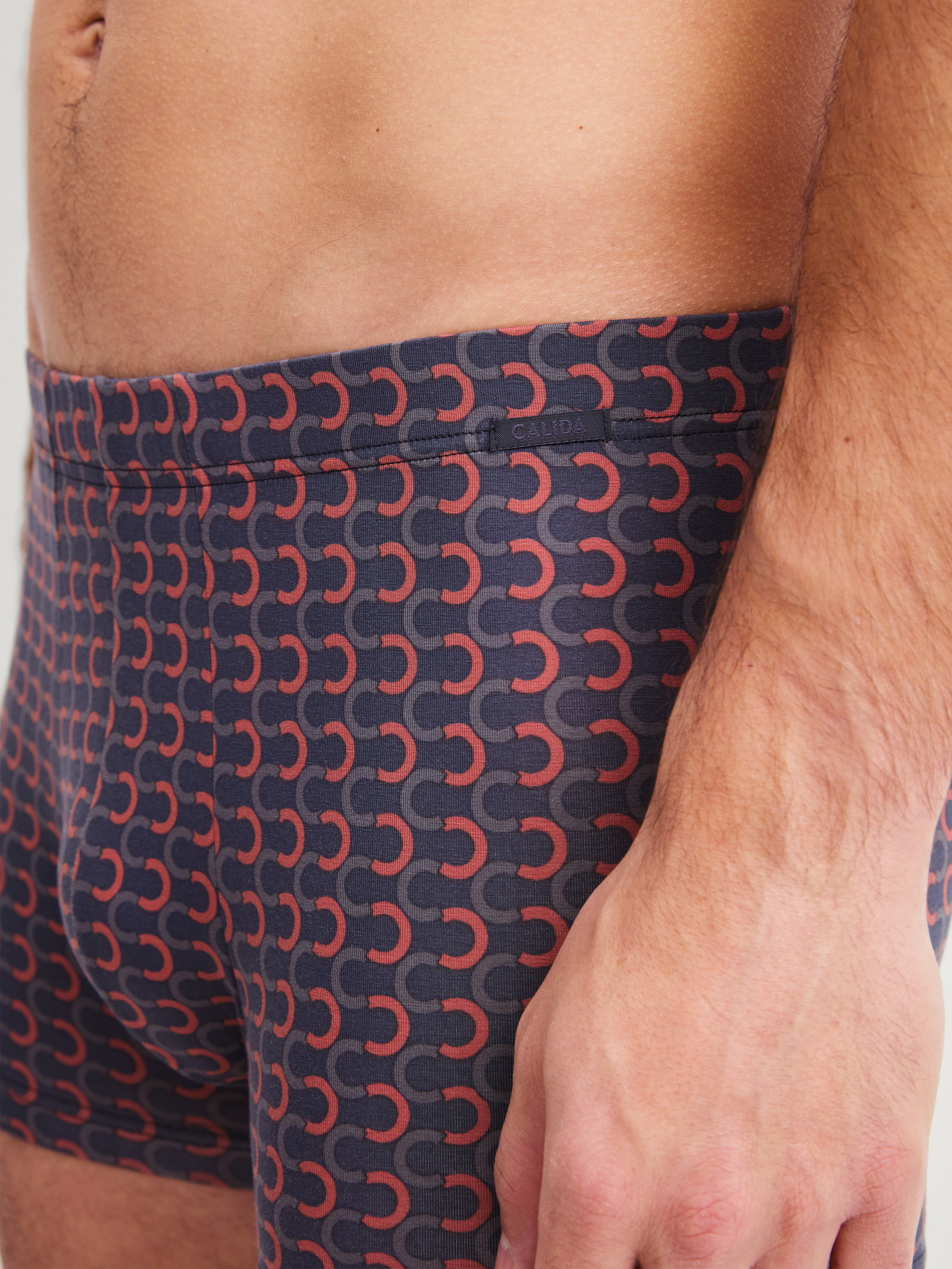 La modella / Il modello Uomo indossa Boxer brief in Pima® Cotone di colore Grigio, Modello, della serie Grafic Cotton di CALIDA, Dettaglio
