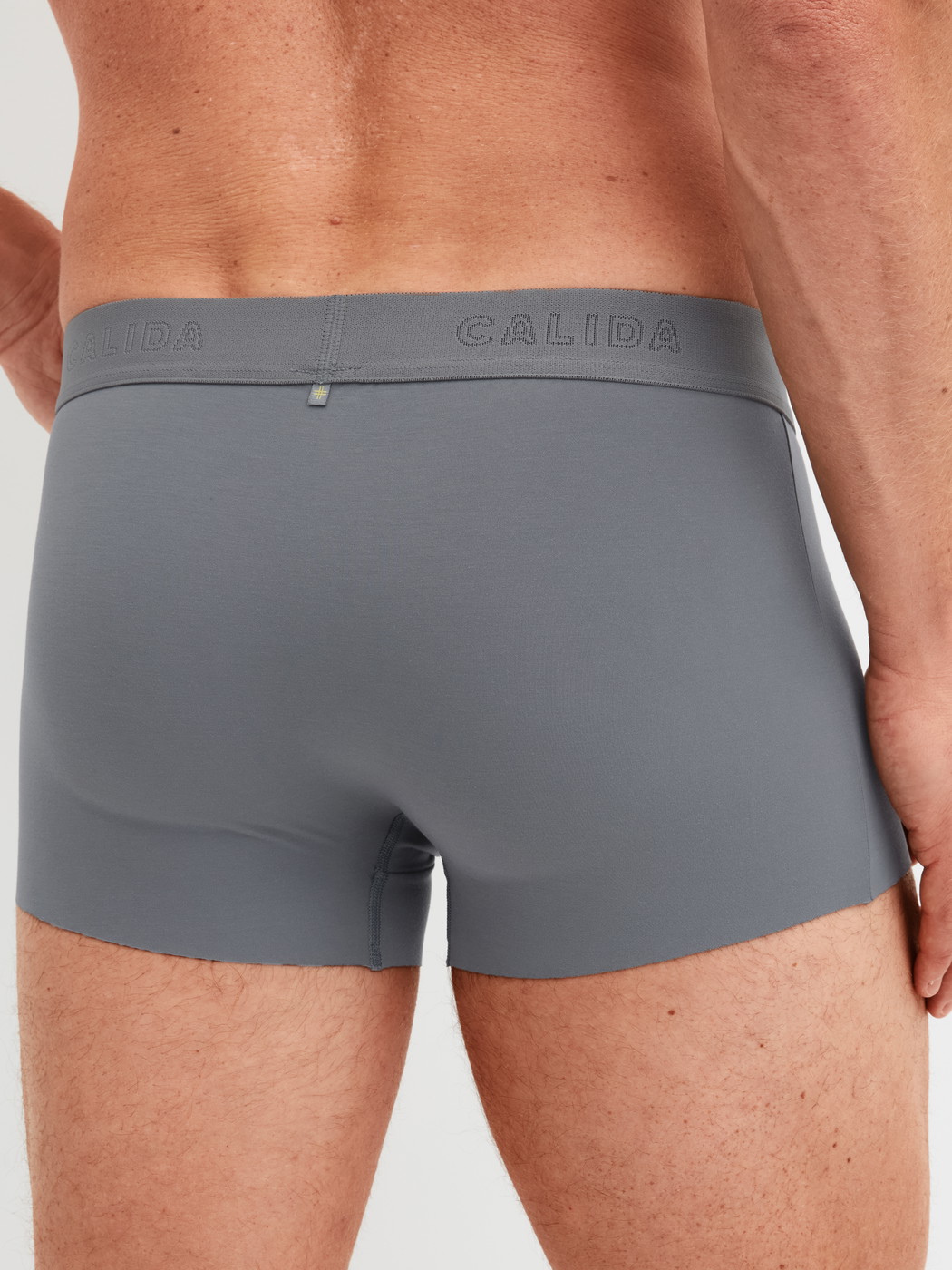 Herren-Model trägt Boxer Brief mit Softbund aus Modal in Grau, Einfarbig aus Serie Clean Line von CALIDA, Rückansicht