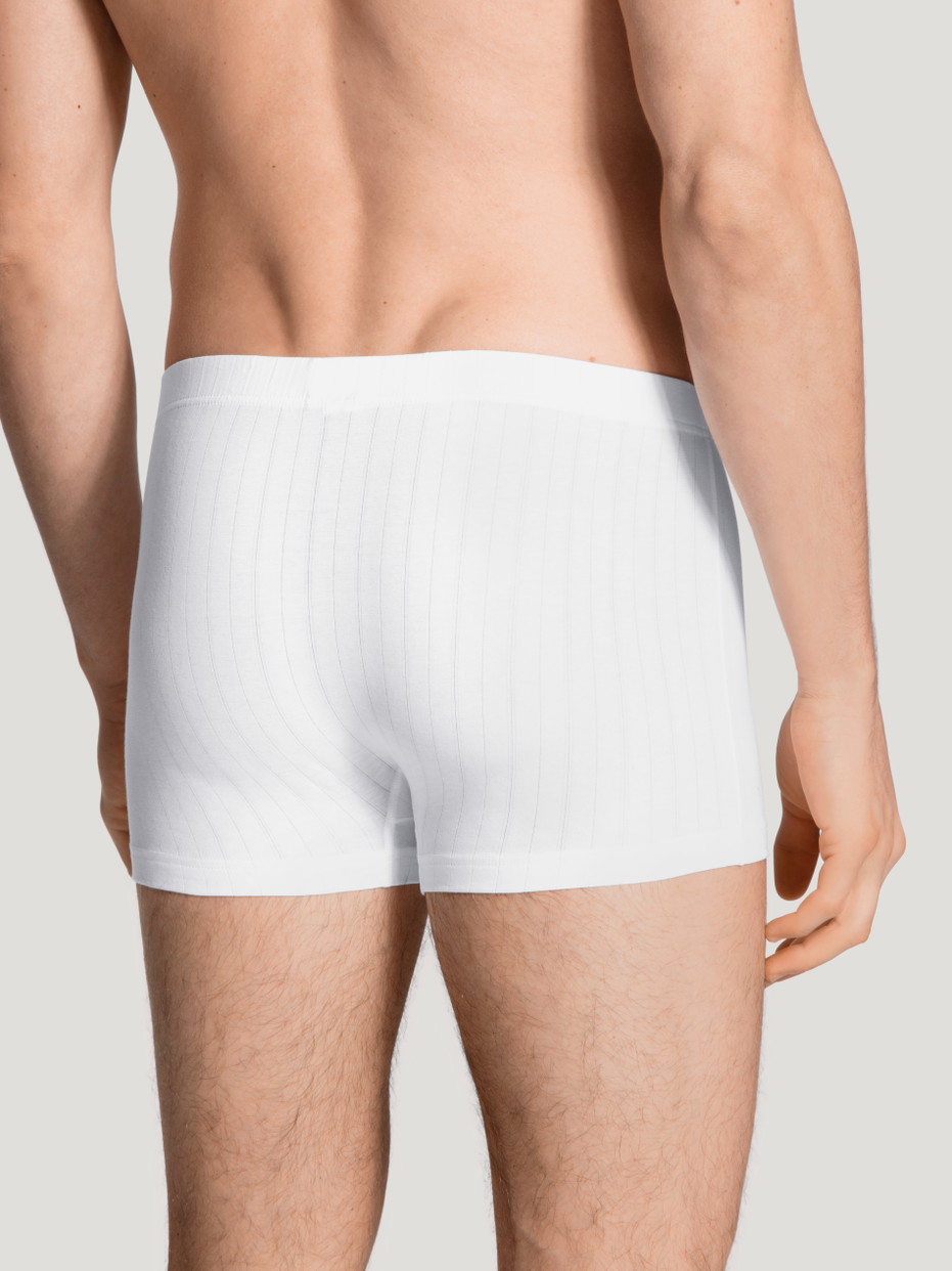Herren-Model trägt Boxer Brief mit überzogenem Bund aus Baumwolle in Weiß, Motiv aus Serie Pure & Style von CALIDA, Rückansicht