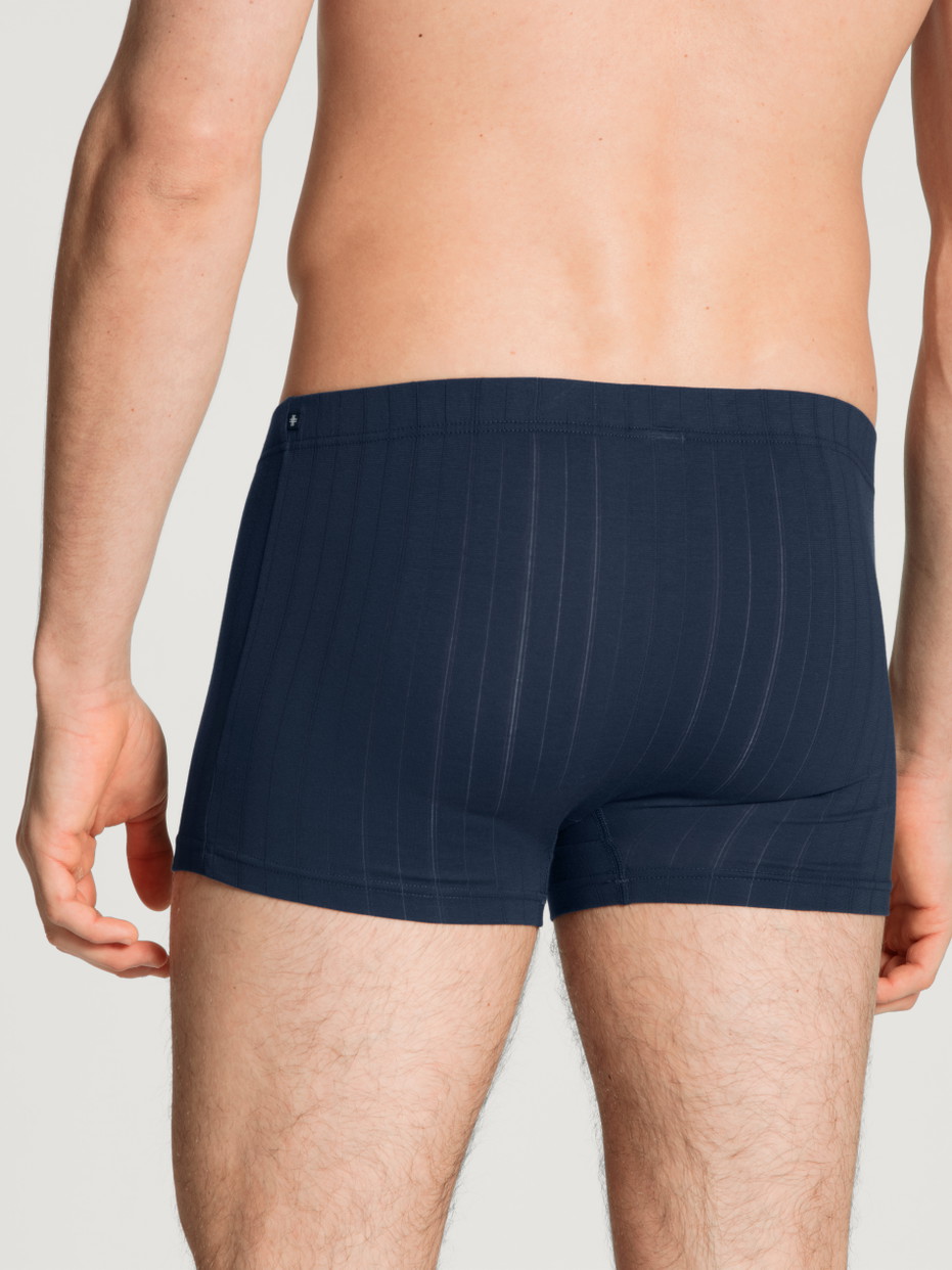 Herren-Model trägt Boxer Brief mit überzogenem Bund aus Baumwolle in Blau, Motiv aus Serie Pure & Style von CALIDA, Rückansicht