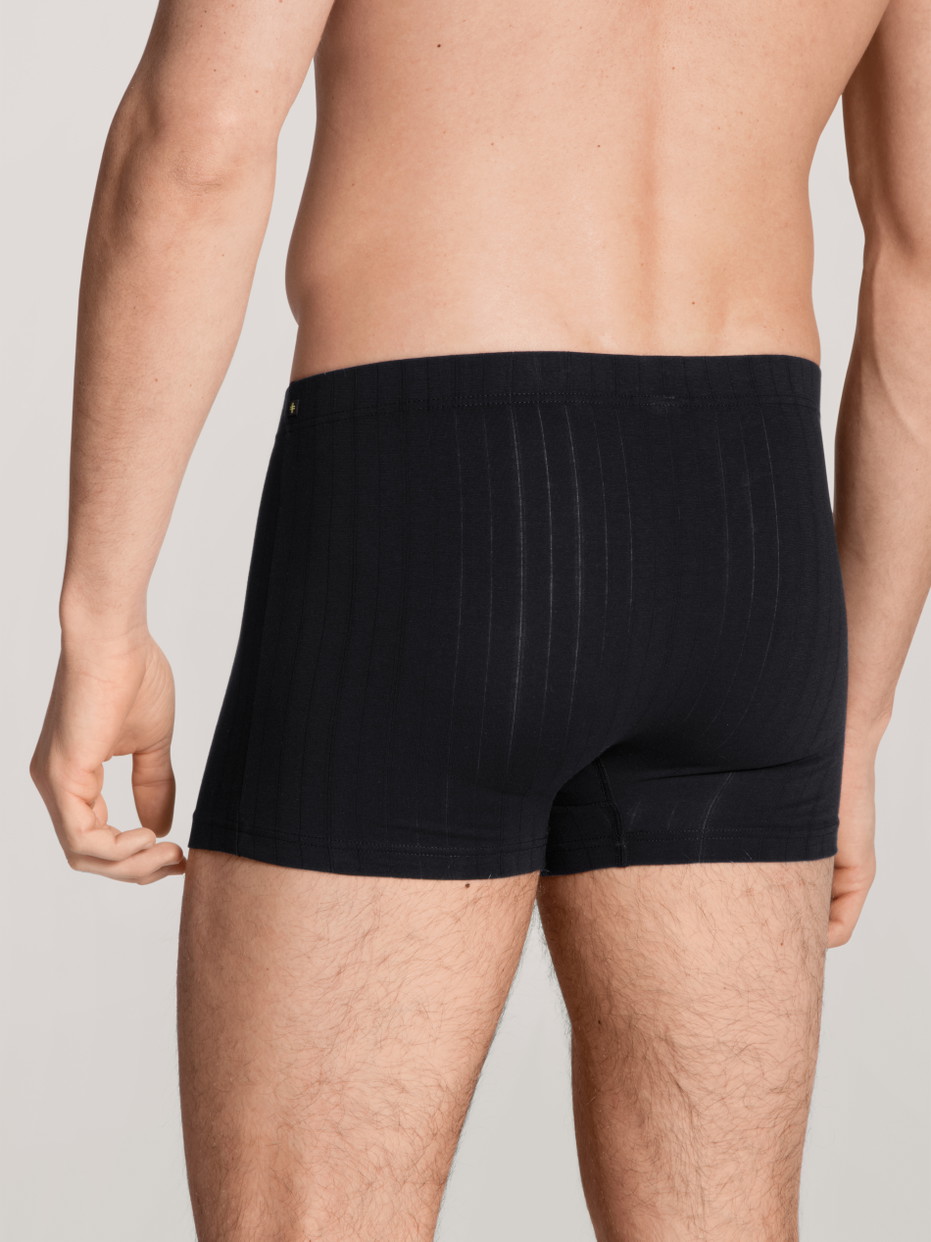 Herren-Model trägt Boxer Brief mit überzogenem Bund aus Baumwolle in Schwarz, Einfarbig aus Serie Pure & Style von CALIDA, Rückansicht