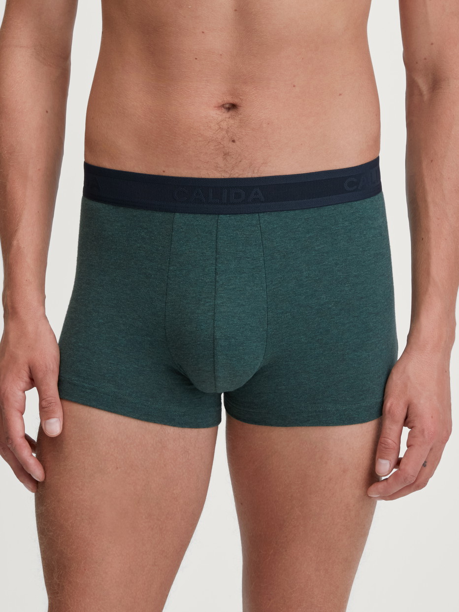 Men model is wearing Boxer brief made of Cotton in Green, Unicoloured from the Cotton Sporty series by CALIDA, Front view