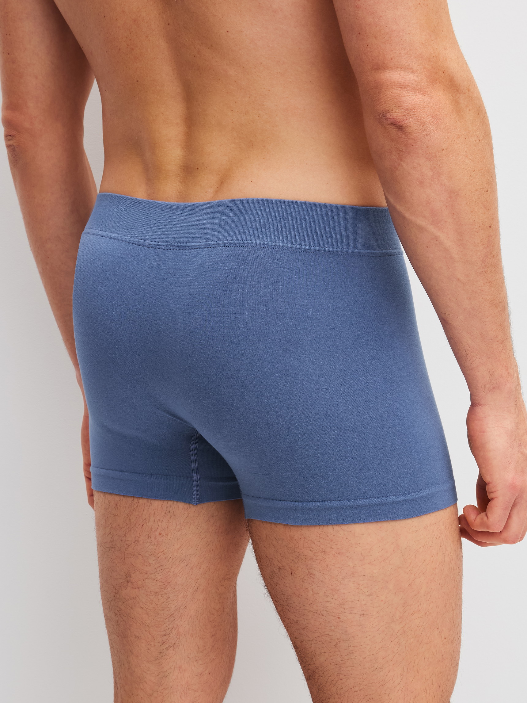 La modella / Il modello Uomo indossa Boxer brief in Modal di colore Blu, Tinta unita, della serie Seamless Natural di CALIDA, Vista posteriore