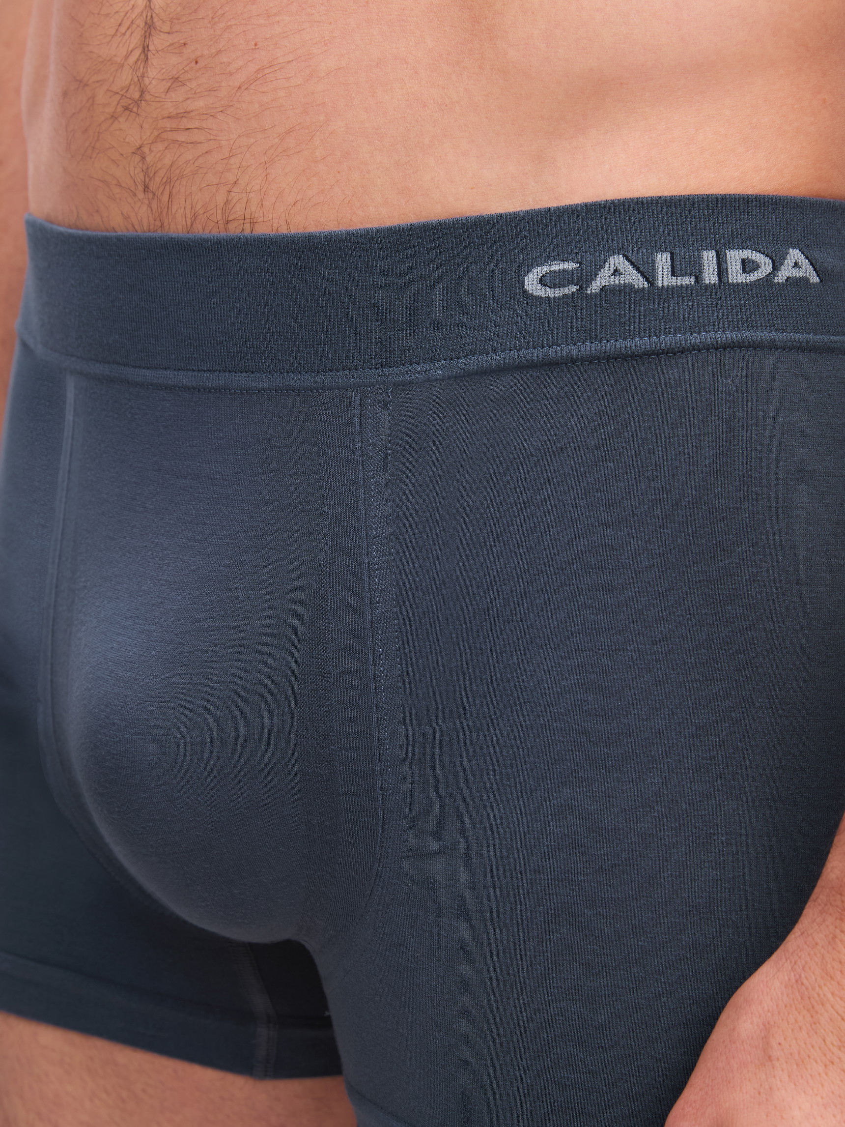 La modella / Il modello Uomo indossa Boxer brief in Modal di colore Grigio, Tinta unita, della serie Seamless Natural di CALIDA, Dettaglio