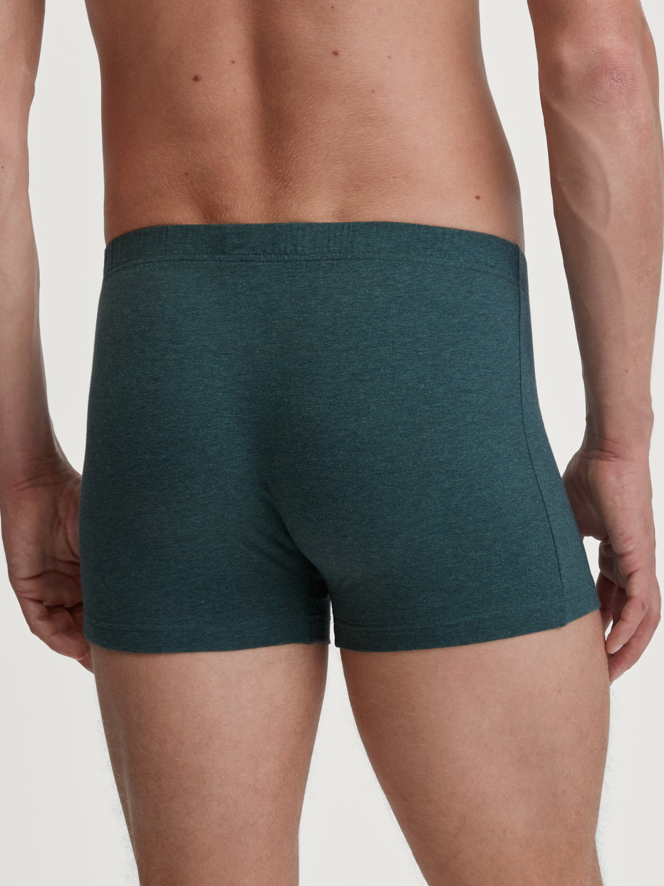 La modella / Il modello Uomo indossa Boxer brief in Cotone di colore Verde, Tinta unita, della serie Cotton Sporty di CALIDA, Vista posteriore