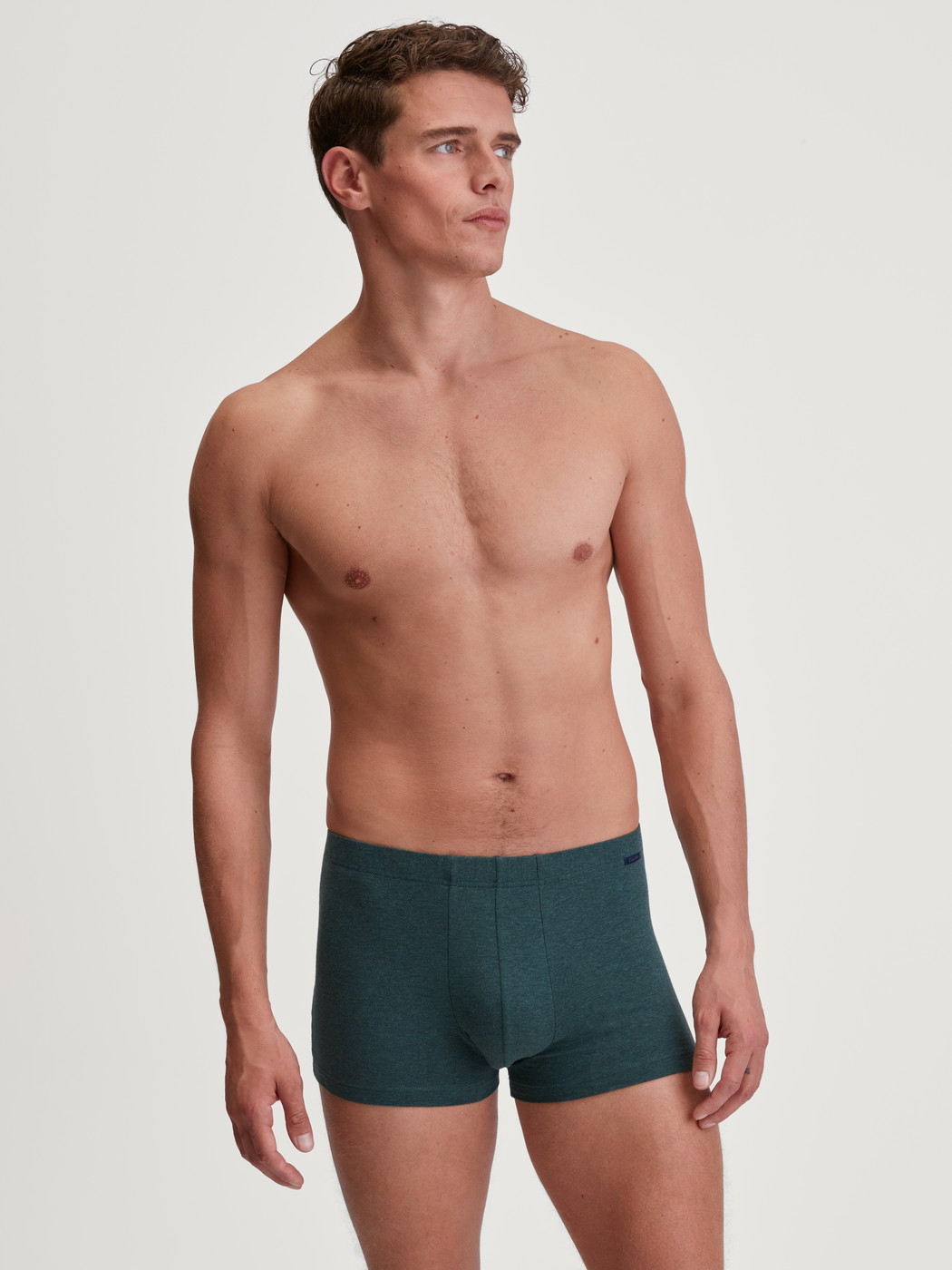 Le mannequin Homme porte le/la Boxer brief en Coton de couleur Vert, Unicolore, de la série Cotton Sporty de CALIDA, Tenue