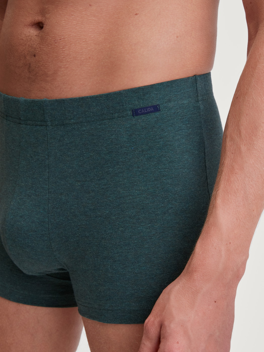 Le mannequin Homme porte le/la Boxer brief en Coton de couleur Vert, Unicolore, de la série Cotton Sporty de CALIDA, Détail