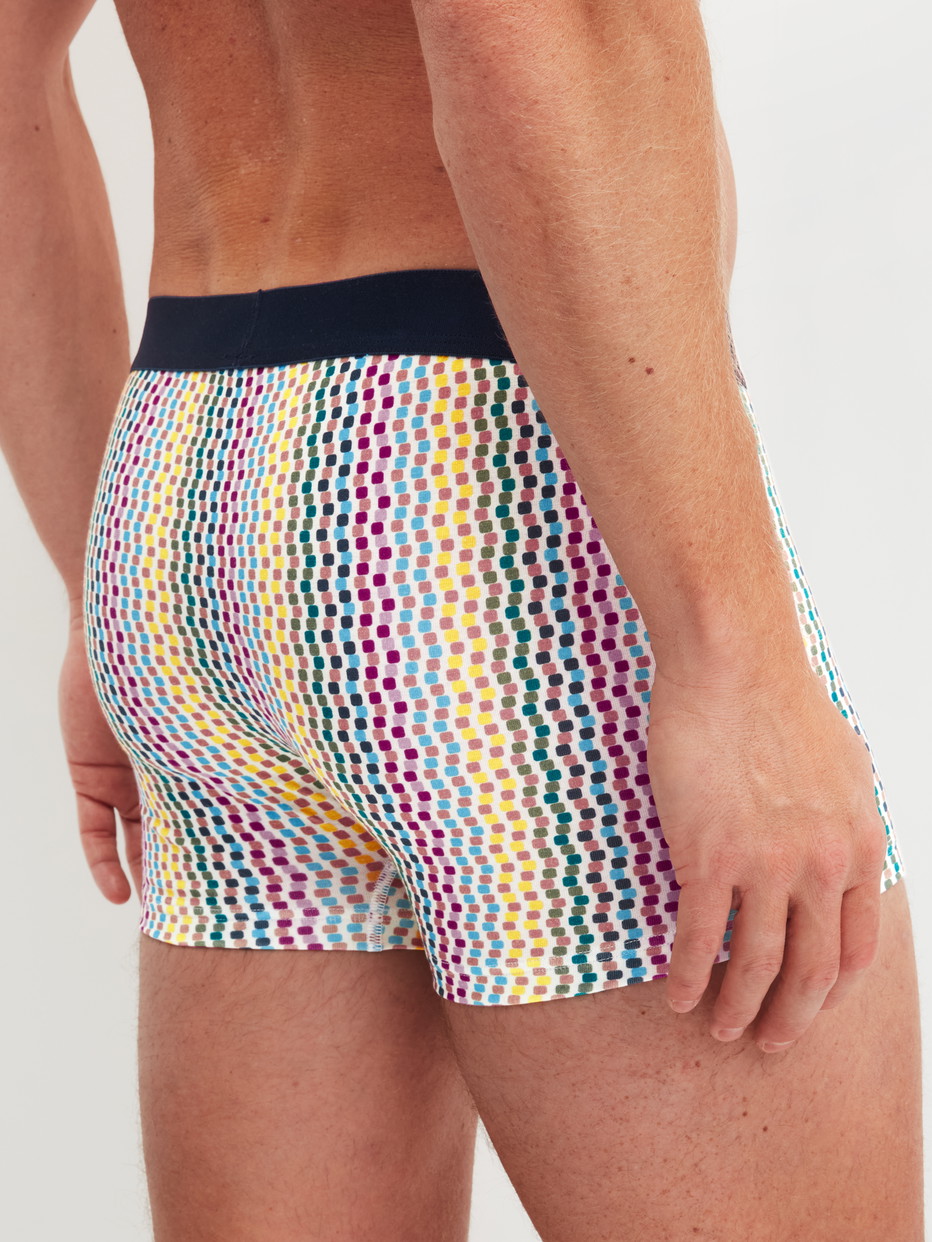 Herren-Model trägt Boxer Brief mit Softgummibund aus Baumwolle in Blau, Gemustert aus Serie Cotton Code Design von CALIDA, Rückansicht