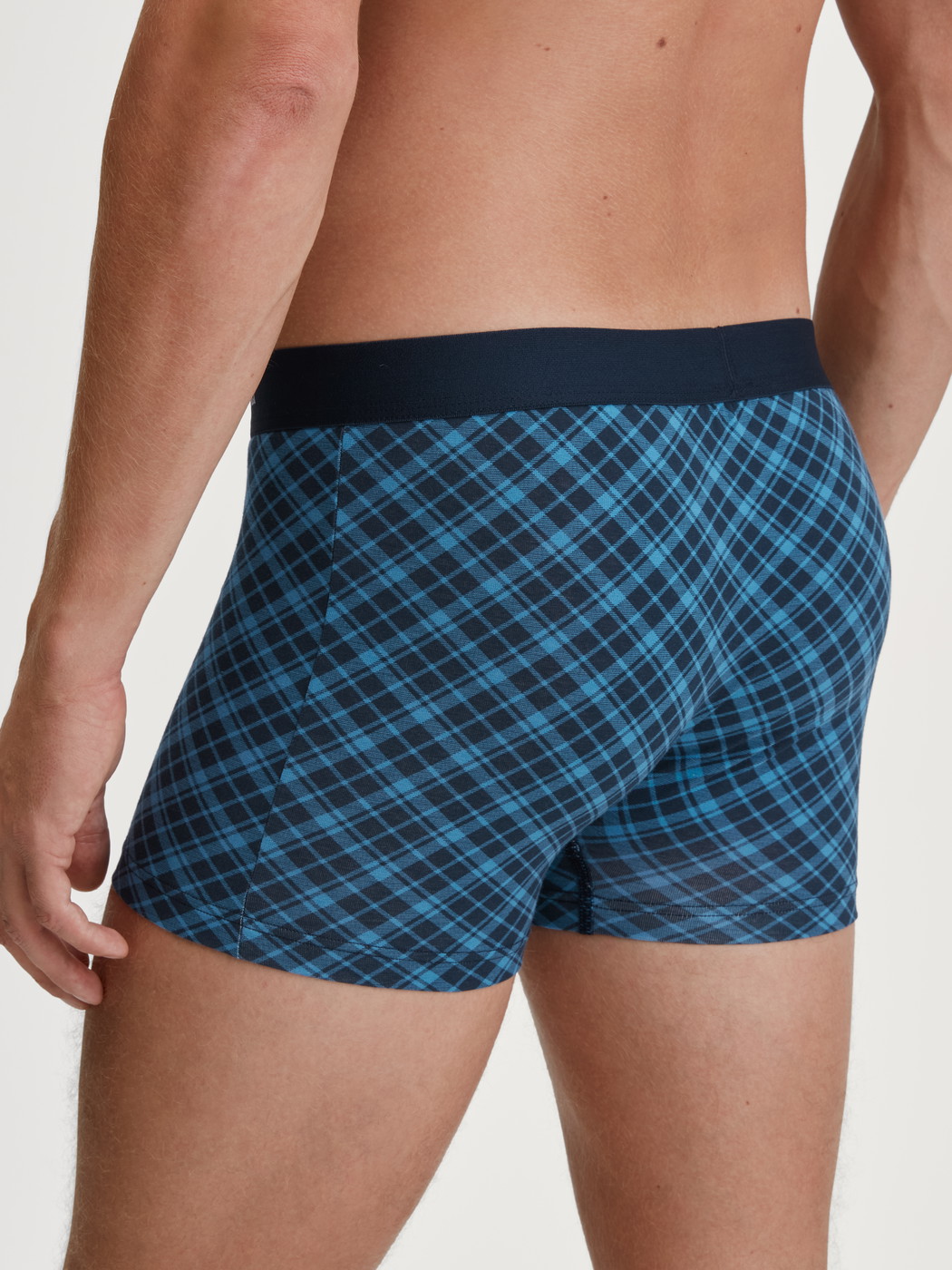 Men model is wearing Boxer brief made of Cotton in Blue, Checked from the Cotton Code Design series by CALIDA, Back view
