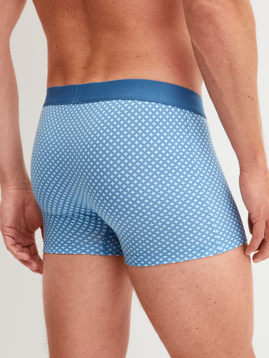 Herren-Model trägt Boxer Brief mit Softgummibund aus Baumwolle in Blau, Gemustert aus Serie Cotton Code Design von CALIDA, Rückansicht
