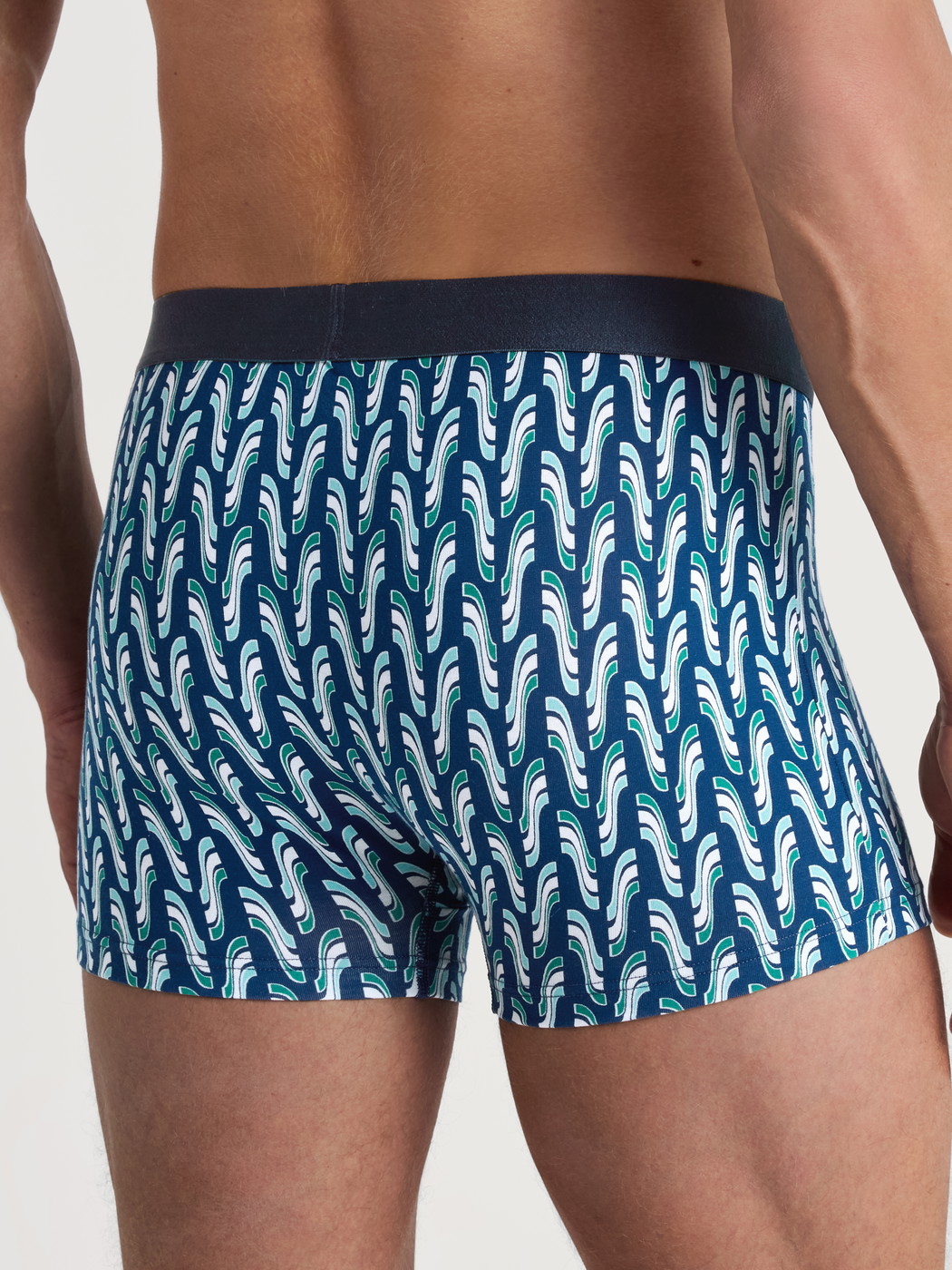 La modella / Il modello Uomo indossa Boxer brief in Cotone di colore Blu, Modello, della serie Cotton Code Design di CALIDA, Vista posteriore