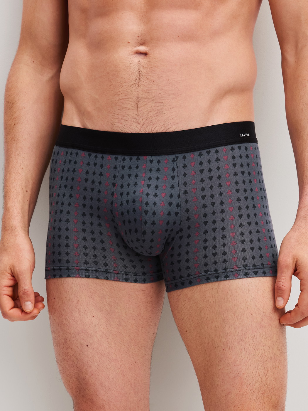 Men model is wearing Boxer brief made of Cotton in Grey, Patterned from the Cotton Code Design series by CALIDA, Front view