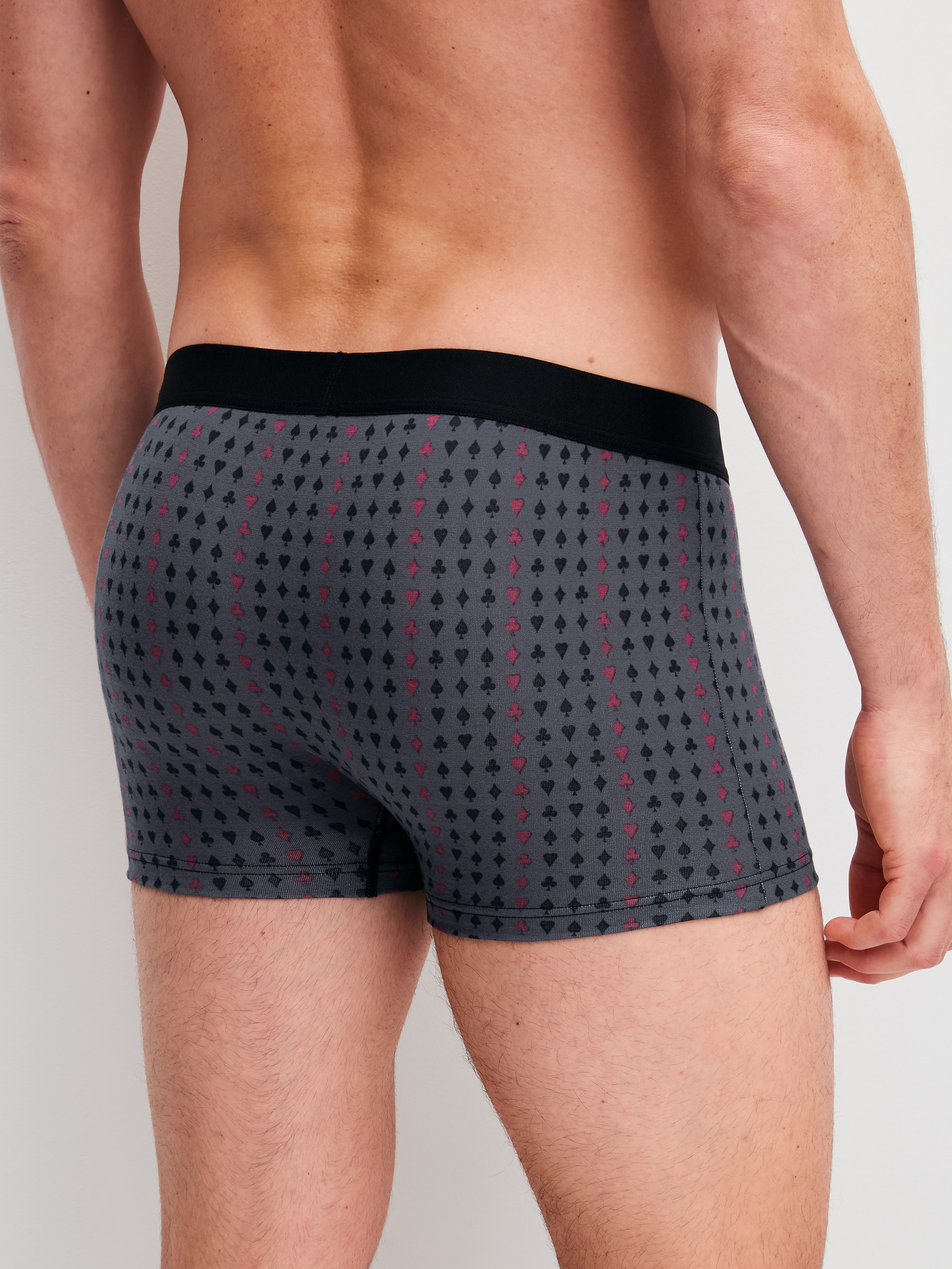 Herren-Model trägt Boxer Brief mit Softgummibund aus Baumwolle in Grau, Gemustert aus Serie Cotton Code Design von CALIDA, Rückansicht