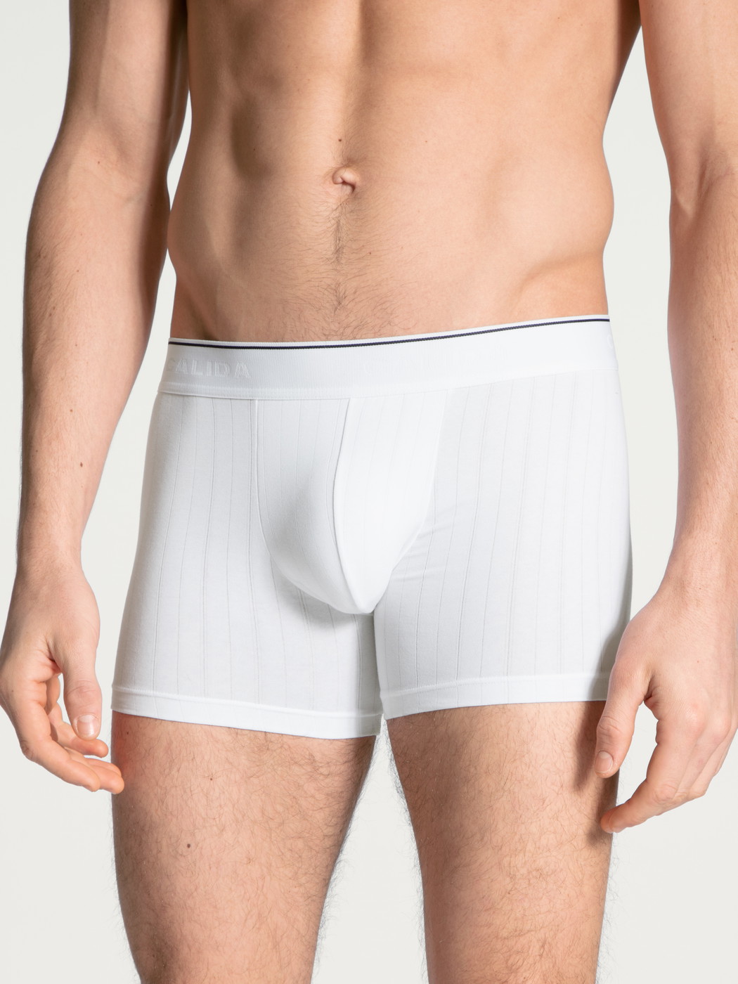 Herren-Model trägt Boxer Brief mit langem Bein aus Baumwolle in Weiß, Einfarbig aus Serie Pure & Style von CALIDA, Vorderansicht