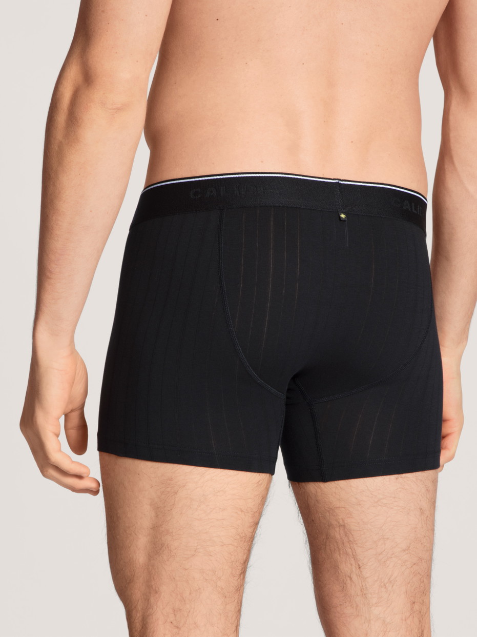 Herren-Model trägt Boxer Brief mit langem Bein aus Baumwolle in Schwarz, Einfarbig aus Serie Pure & Style von CALIDA, Rückansicht