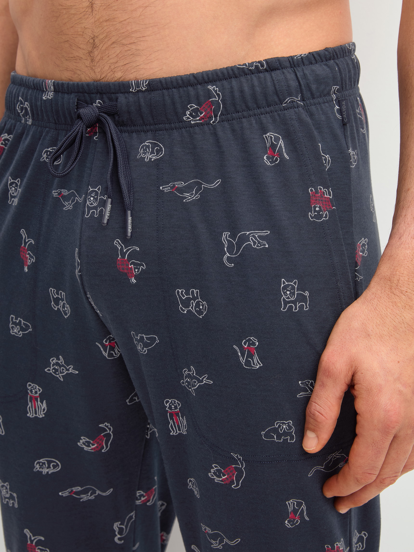 La modella / Il modello Uomo indossa Pantaloni da notte con tasche in 100% cotone di colore Blu, Modello, della serie Family & Friends di CALIDA, Dettaglio
