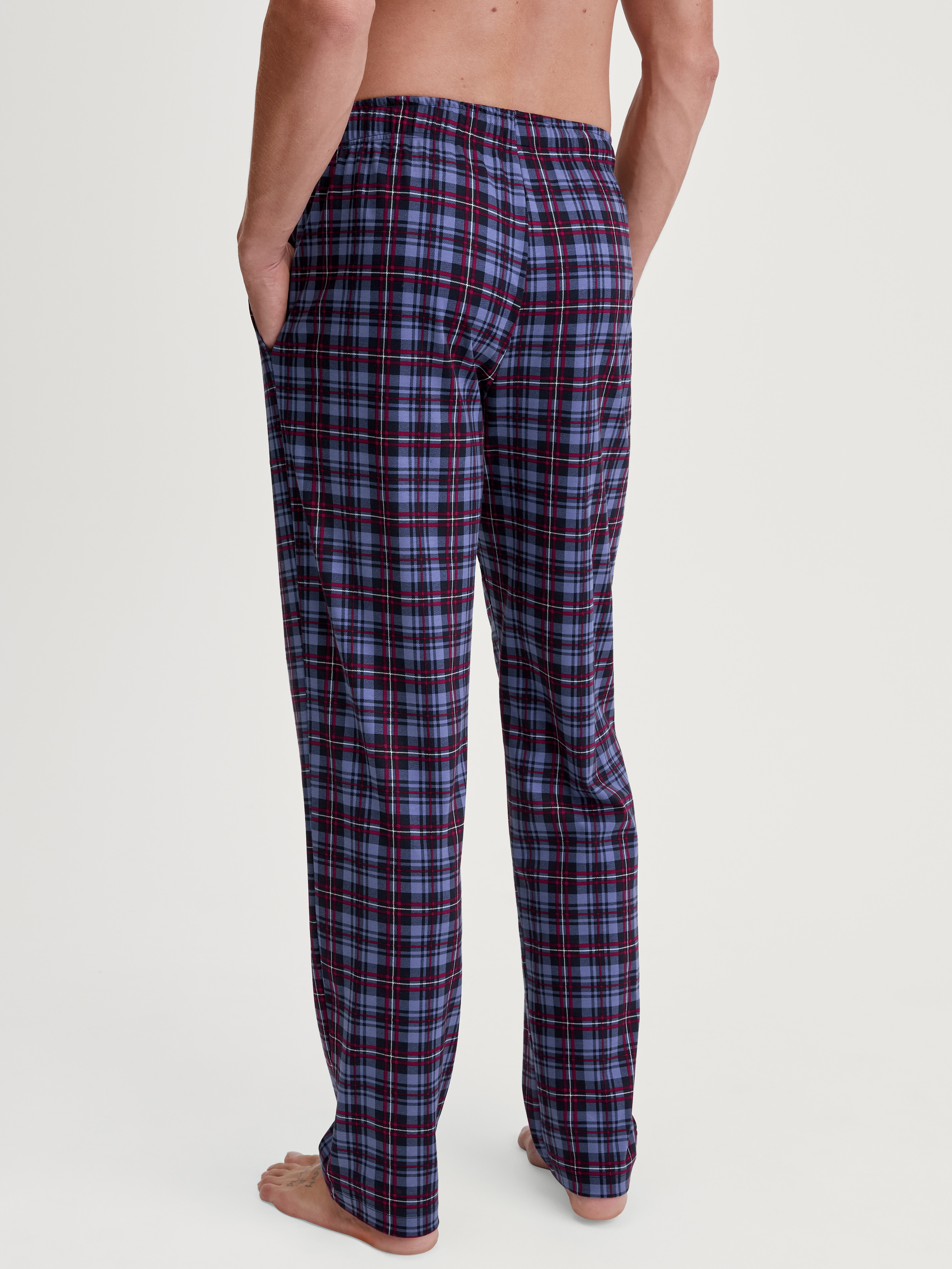 Herren-Model trägt Pyjamahose mit Seitentaschen aus 100% Baumwolle in Blau, Gemustert aus Serie Family & Friends von CALIDA, Rückansicht