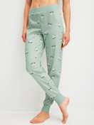 Women model is wearing Pyjama bottom with cuffs made of 100% Cotton in Green, Motif from the Favourites Cats series by CALIDA, Front view