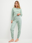 Women model is wearing Pyjama bottom with cuffs made of 100% Cotton in Green, Motif from the Favourites Cats series by CALIDA, Outfit