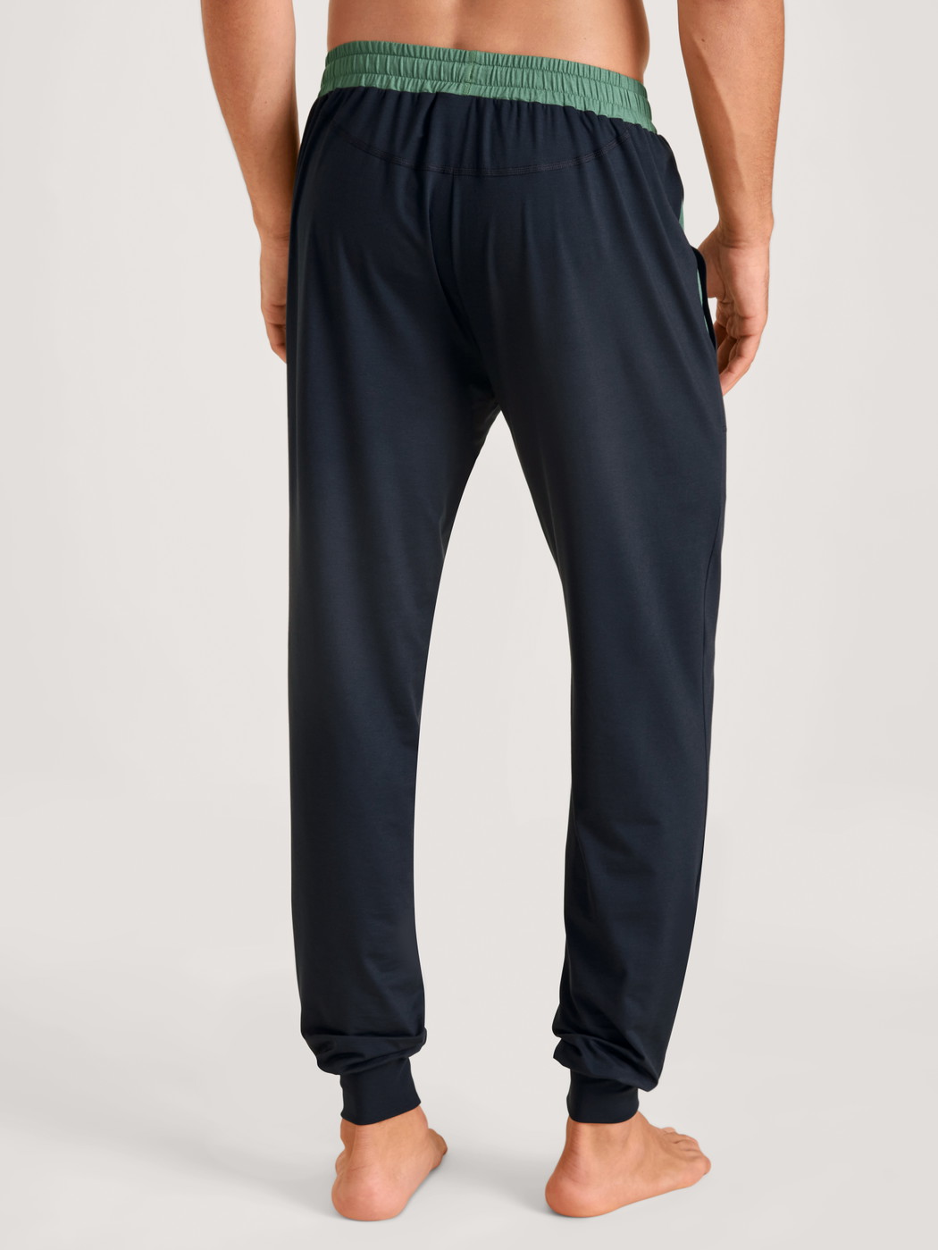 Men model is wearing Pyjama bottom with cuffs made of Modal in Blue, Unicoloured from the DSW Balancing series by CALIDA, Back view
