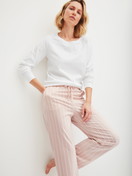 Women model is wearing Pyjama trousers with side pockets made of Cotton in Beige, Striped from the Favourites Arts series by CALIDA, Front view