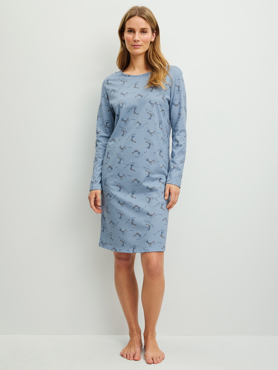 Women model is wearing  made of 100% Cotton in Blue, Patterned from the Hotel Nights series by CALIDA, Front view