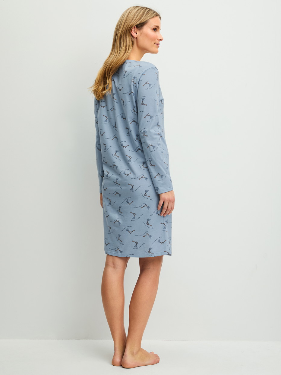 Women model is wearing  made of 100% Cotton in Blue, Patterned from the Hotel Nights series by CALIDA, Back view