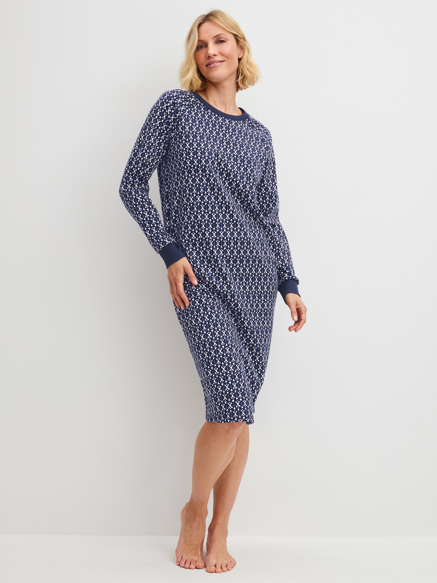 Women model is wearing  made of 100% Cotton in Blue, Patterned from the Midnight Hearts series by CALIDA, Front view